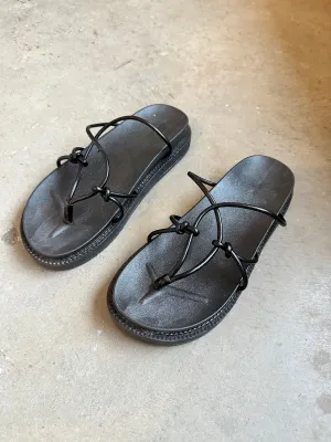 Black Leather Geometric Thong Sandals