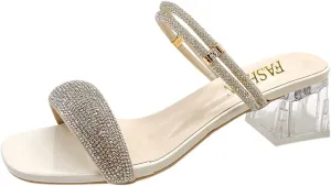 Crzidha Women's Sparkling Rhinestone Clear Heels Block Low Heel Chunky Mules Sandals Dress Shoes Slip on Open Square Toe Slippers Sandals Dressy Summer Holiday Party Wedding Shoes