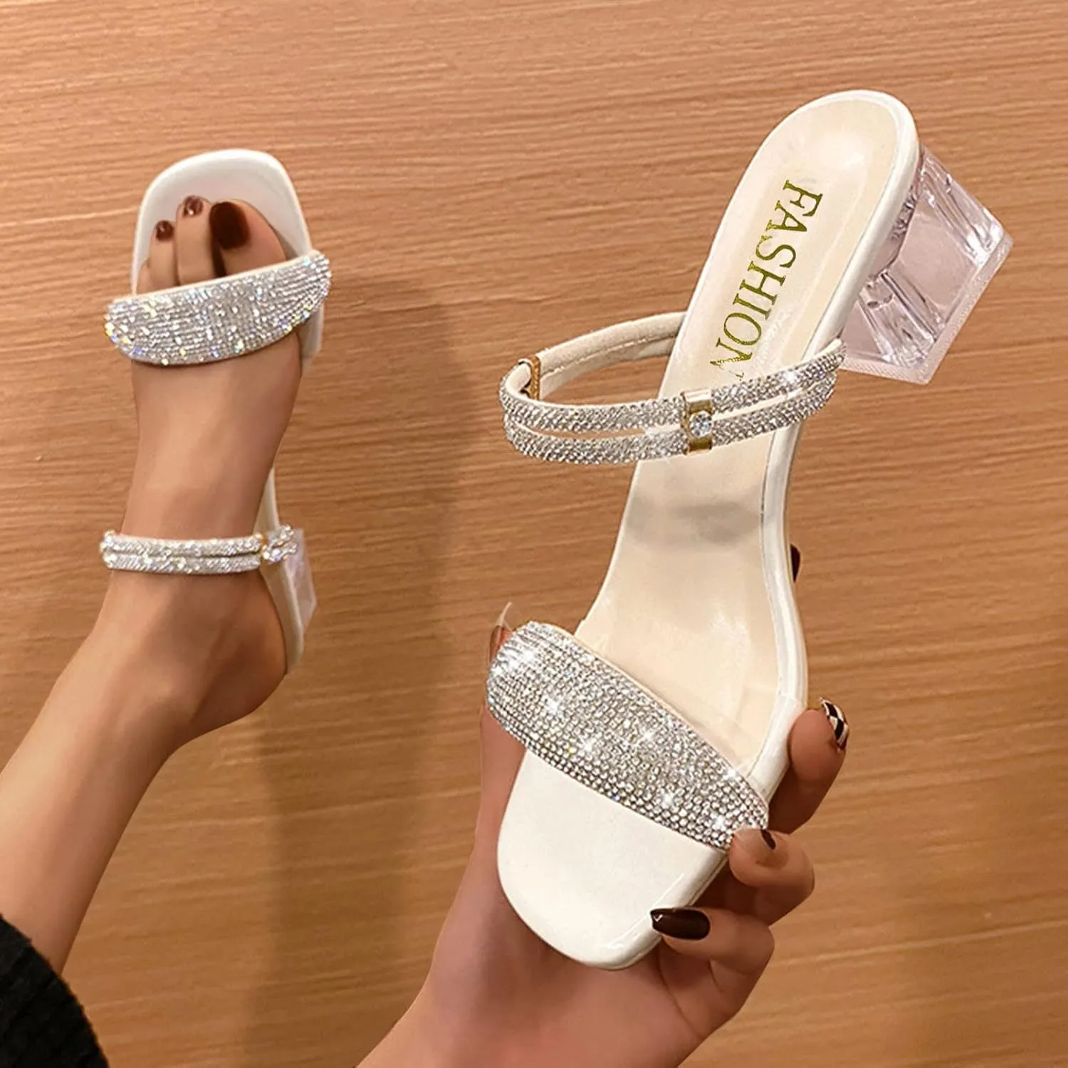 Crzidha Women's Sparkling Rhinestone Clear Heels Block Low Heel Chunky Mules Sandals Dress Shoes Slip on Open Square Toe Slippers Sandals Dressy Summer Holiday Party Wedding Shoes