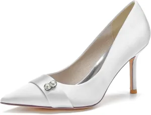 FufoneUS Women's Bridal Shoes Closed Toe 3.35" Stiletto Heel Lace Satin Pumps Evening Wedding Heels,White,10
