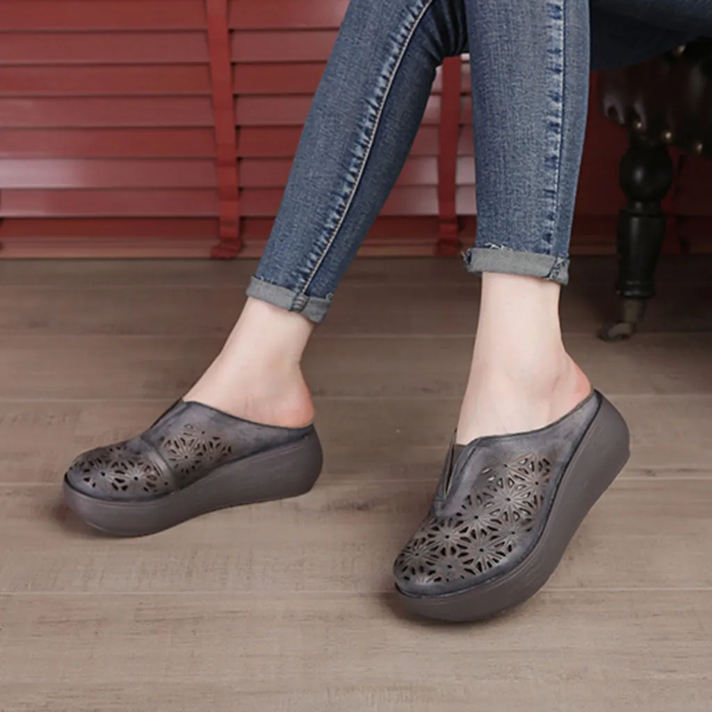 Handmade Retro Summer Hollow Wedge Slippers