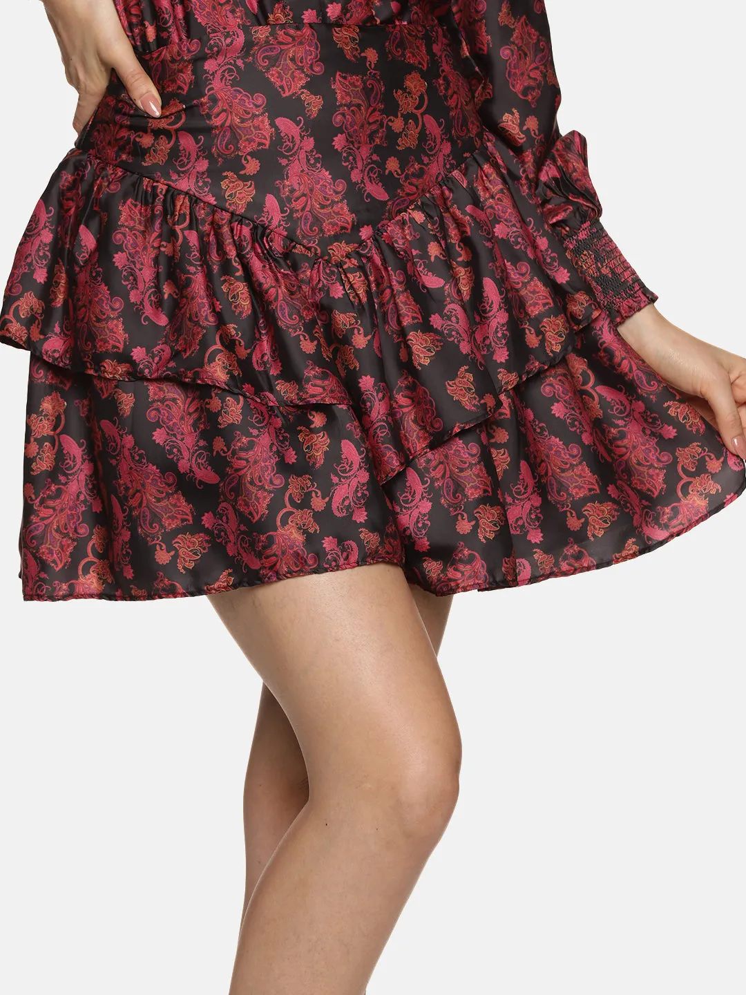 IS.U Paisley Print Black Ruffle Mini Skirt