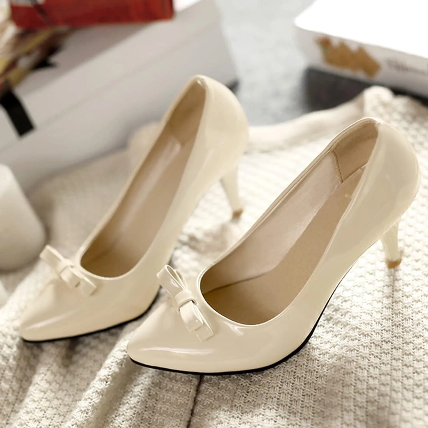 MOOMMO Sexy Pointed Toe Stiletto Heels Bow for Women Slip On Patent Leather Pumps Bow Knot Cute 3 Inch Mid Heel Dress Shoes Wedding Bridal Evening Party Stilettos Sandals Comfort Chic 4-11 M US
