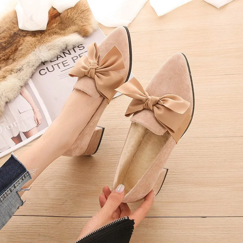 New Winter Velvet Thick Warm Shoes Bow Suede Pointed Toe High Heels-Style Chunky-Heel Evening Shoes