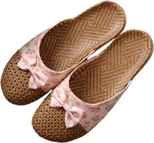 Slide Sandals for Women 2025 Comfortable Vine Grass Woven Slippers Closed Toe Home Slippers Anti Slip Grass Mat Sandals Bohemian Breathable Vacation Shoes