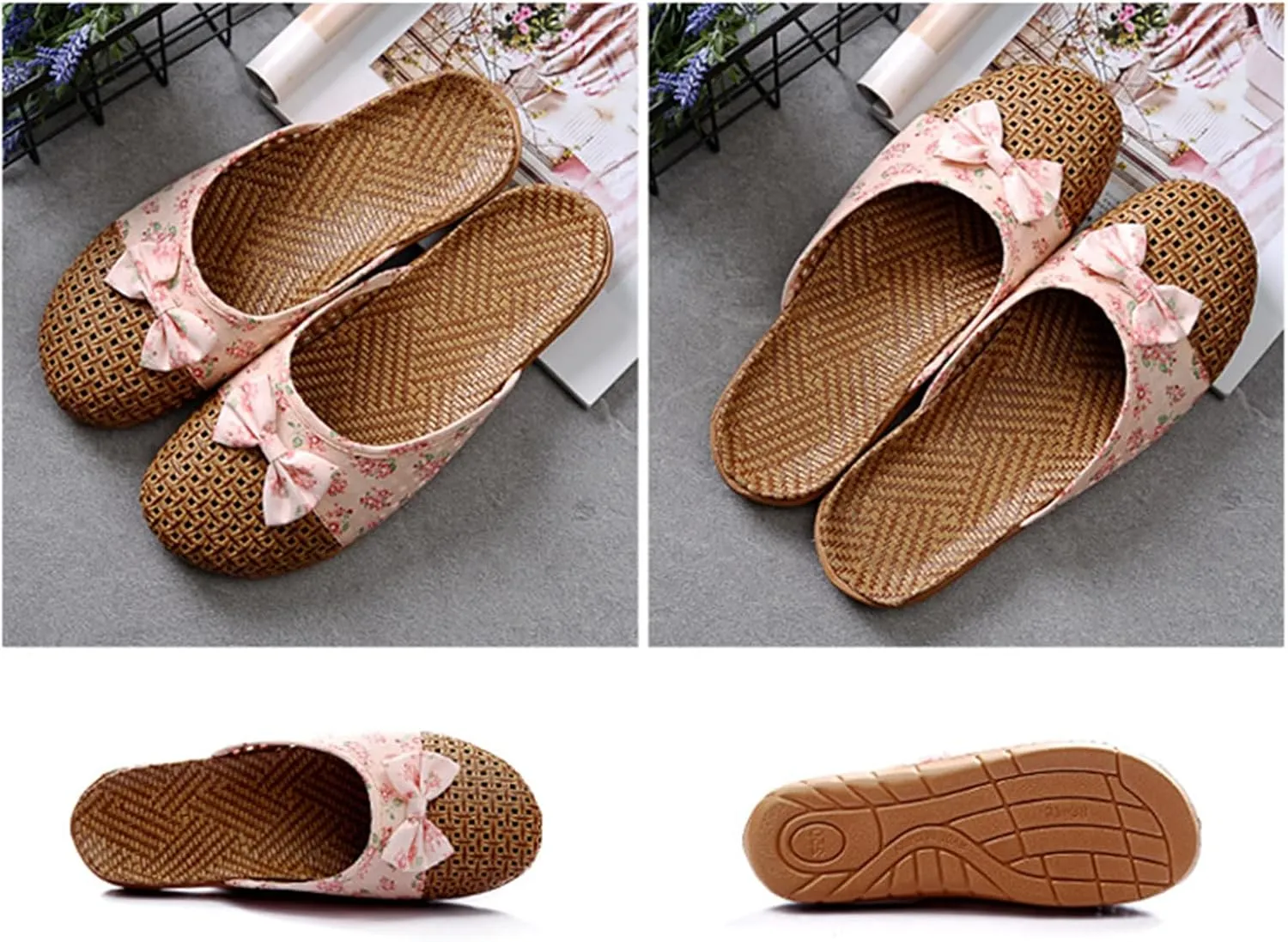 Slide Sandals for Women 2025 Comfortable Vine Grass Woven Slippers Closed Toe Home Slippers Anti Slip Grass Mat Sandals Bohemian Breathable Vacation Shoes