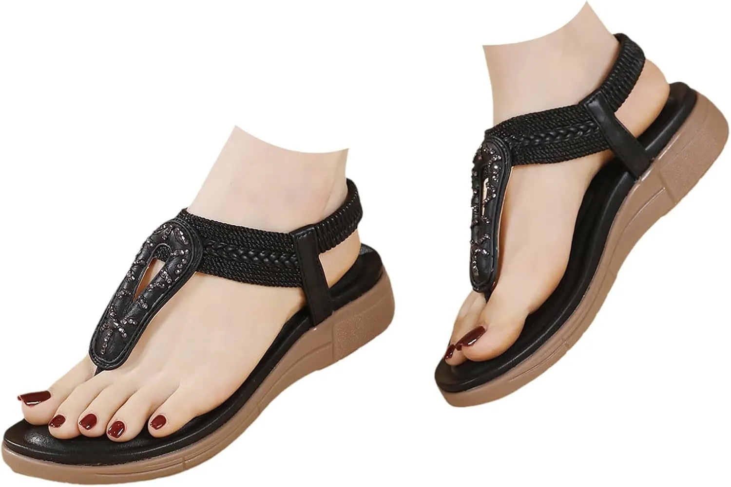 Women's Orthopedic Arch Support Sandals Thong T-Strap Sparkly Rhinestone Flat Sandals with Elastic Strap Beach Flip Flops