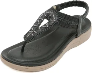 Women's Orthopedic Arch Support Sandals Thong T-Strap Sparkly Rhinestone Flat Sandals with Elastic Strap Beach Flip Flops
