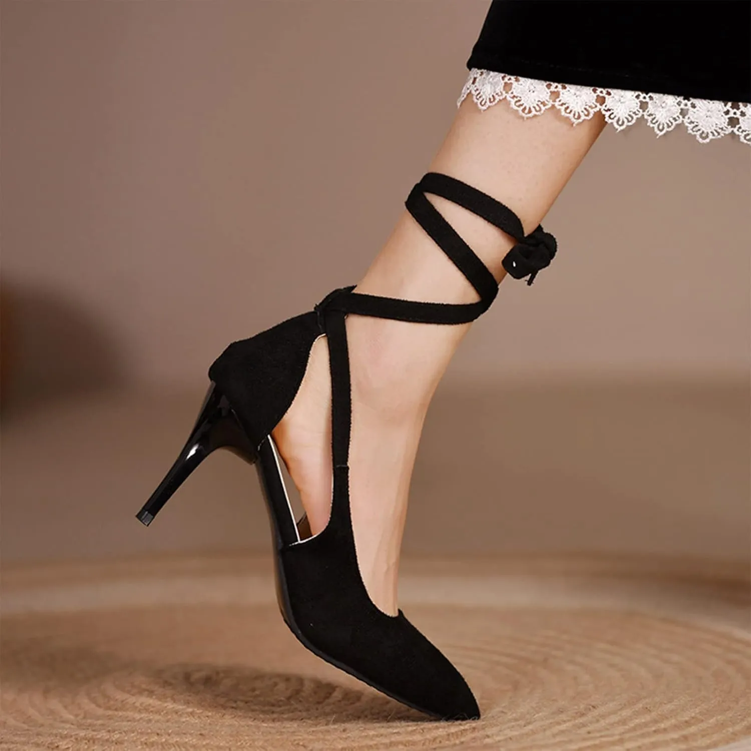 Womens Sandal Pointed Toe Stilettos Heel Dress Shoes Close Back Slip On Ankle Strap Sandal For Wedding Part