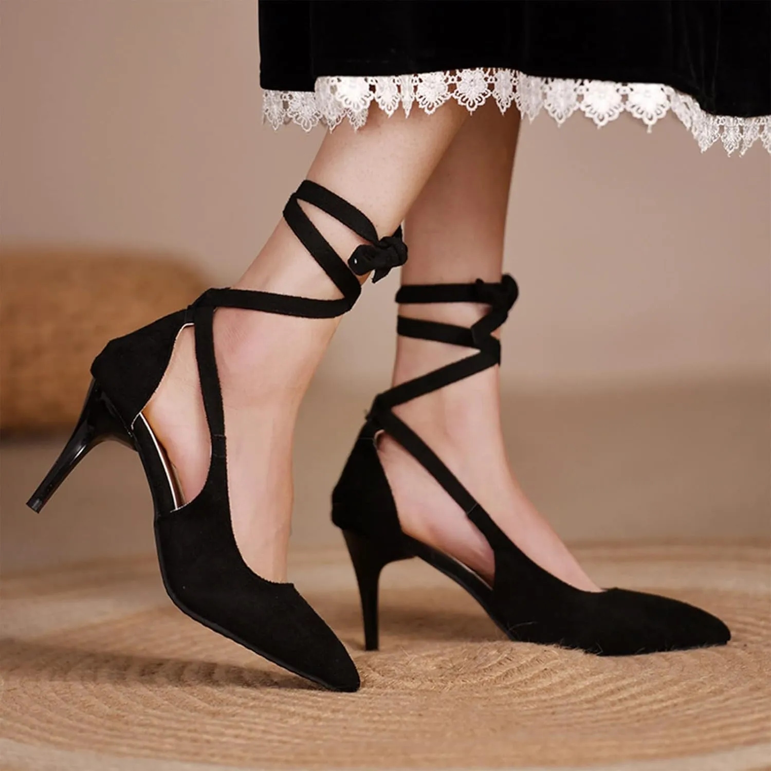 Womens Sandal Pointed Toe Stilettos Heel Dress Shoes Close Back Slip On Ankle Strap Sandal For Wedding Part