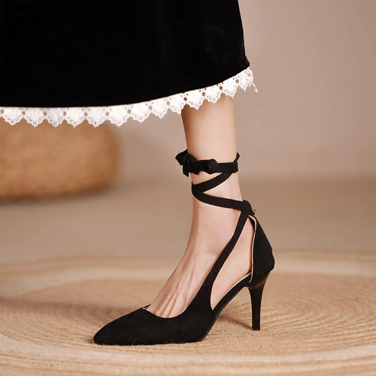 Womens Sandal Pointed Toe Stilettos Heel Dress Shoes Close Back Slip On Ankle Strap Sandal For Wedding Part