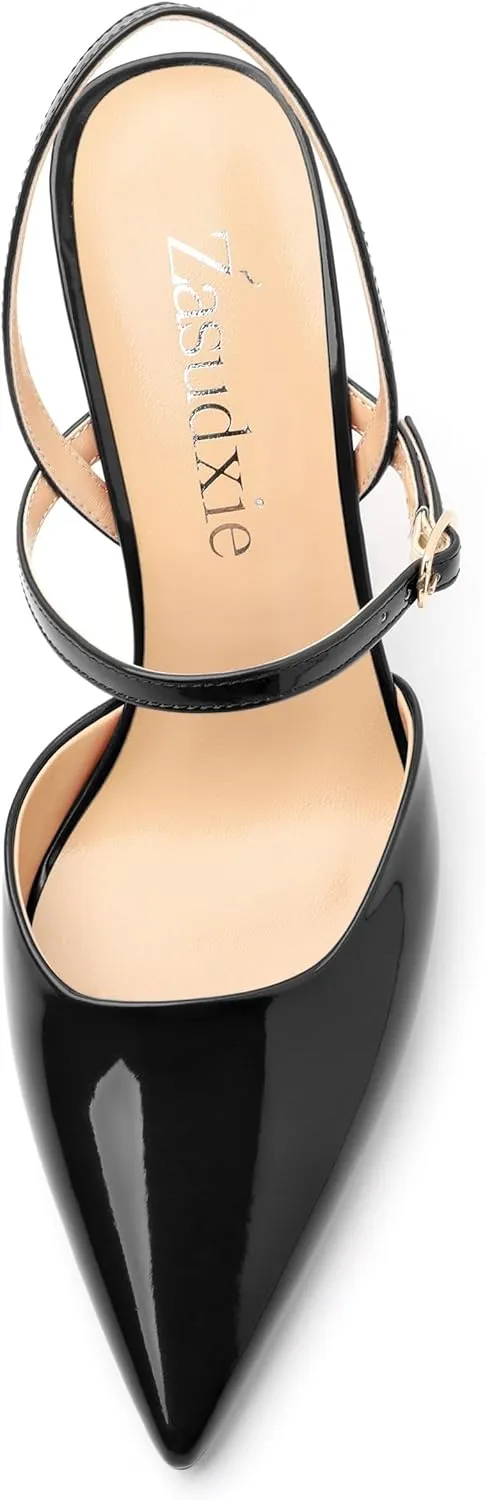Women's Slingback Pumps, Pointed Toe Stiletto High Heels Ankle Strap Heeled Sandals Party Wedding Dress Shoes 3.35 Inch